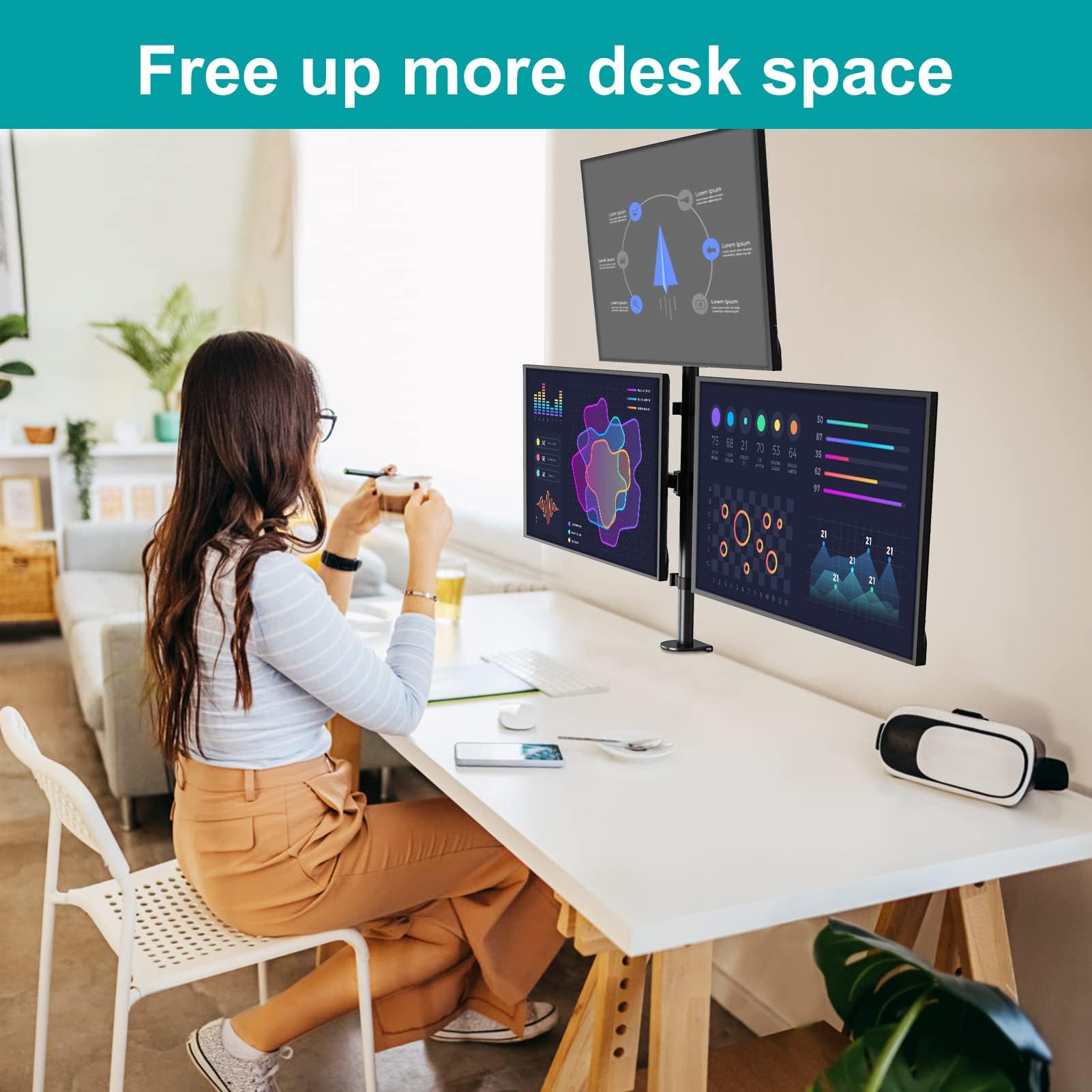 MOUNT PRO Soporte triple para monitor, soporte de escritorio para 3 pantallas de hasta 32 pulgadas, 17.6 libras cada una, soporte apilado totalmente ajustable, montaje VESA de mesa, abrazadera C/base