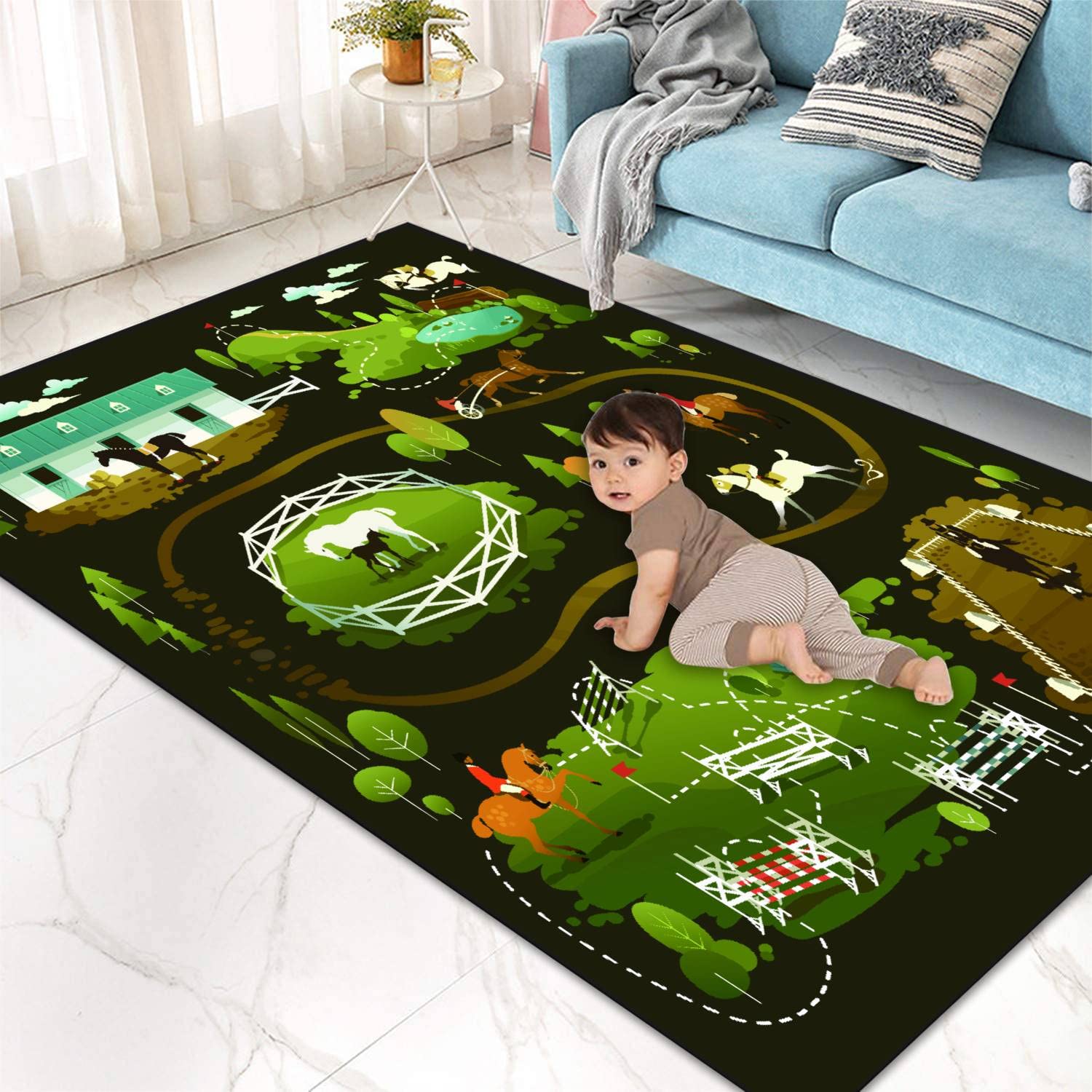 ZCVJPZHZMS Kids Play Area Rugs Equestrian Illustrations of Horse Life Farming Racing Dressage 3D Carpet Extra Large Rug Kids' Bedroom Playroom Nursery Décor for Boys Girls, Learning & Playing 5x8 ft