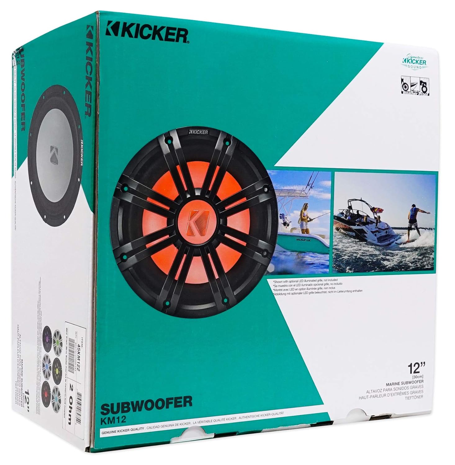 Kicker 45KM122 12" 350w Marine Boat Subwoofer Sub KM12 Bundle with Rockville DBM12 2000w Mono Amplifier w/Covers+Bass Remote & Rockville RMWK4 Amplifier Install Wire Kit (3 Items)