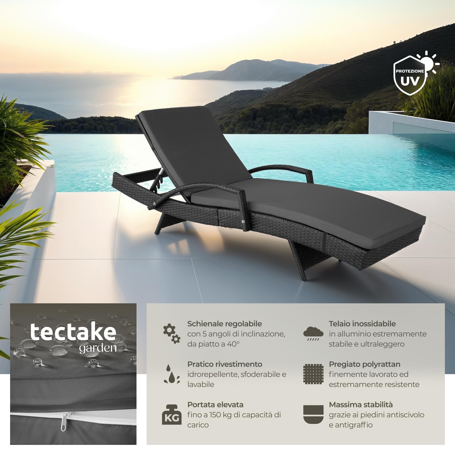 tectake® Lettino Prendisole in Rattan, Struttura in Alluminio, Schienale Regolabile, Cuscino lettino Imbottito Incluso, Lettino Ideale per Giardino, Piscina e Terrazza, Portata 150 kg - Nero