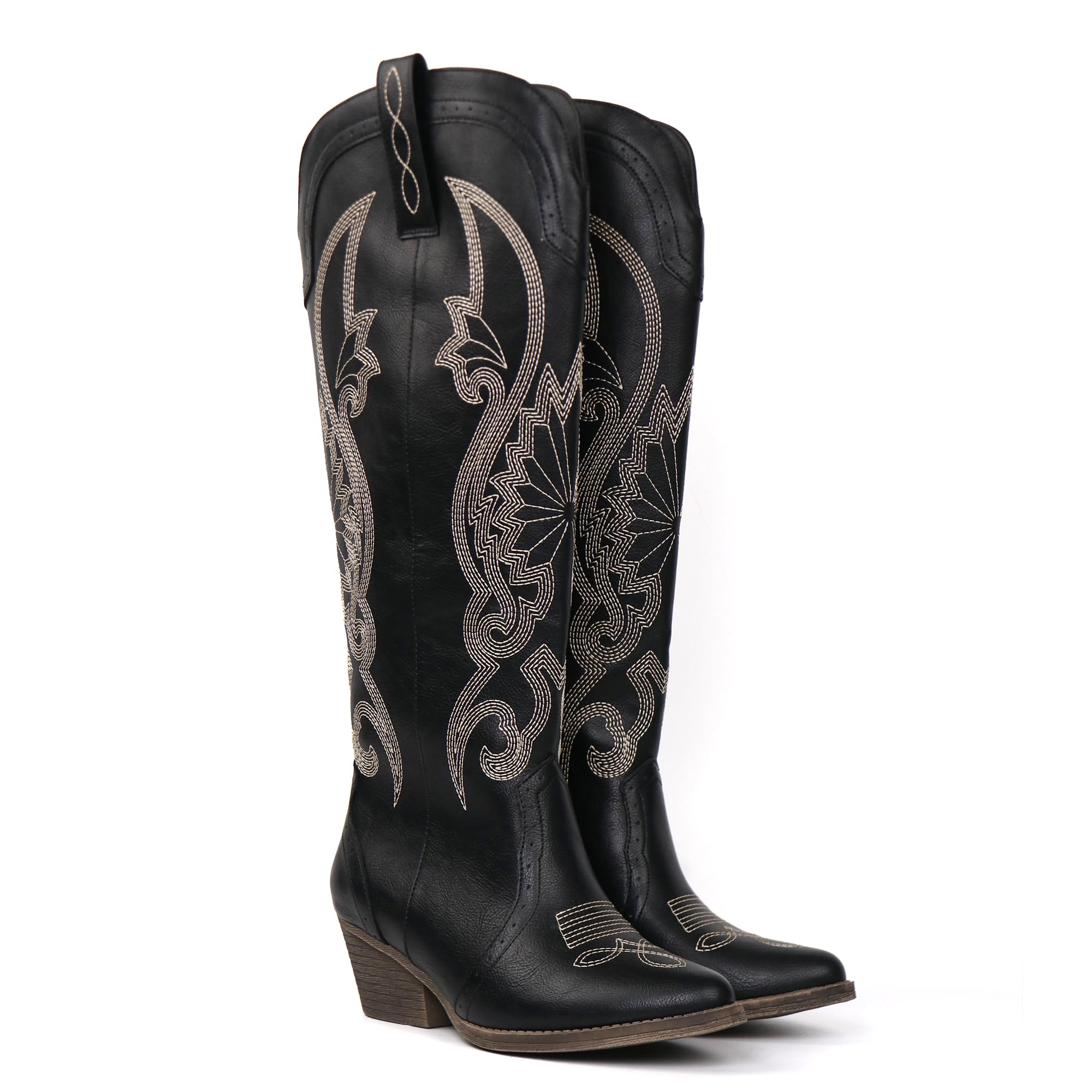 Hawkwell Damen-Cowboystiefel mit spitzer Zehenpartie und Blockabsatz, zum Hineinschlüpfen, kniehohe Westernstiefel