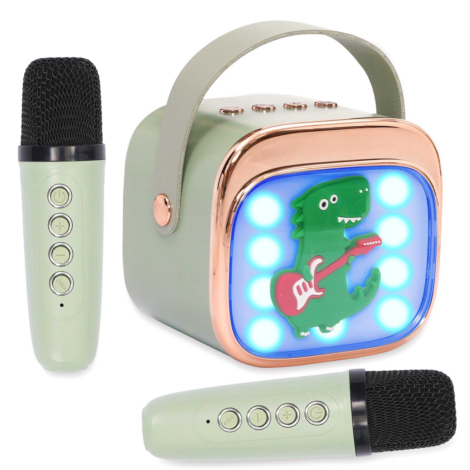 Mini Karaoke Machine Toys for Kids with 2 Wireless Microphones,Portable Bluetooth Speaker with Voice Changing Effects & LED Lights,Eliminate Original Sound,Gifts For Girls Boys Toddlers,Green