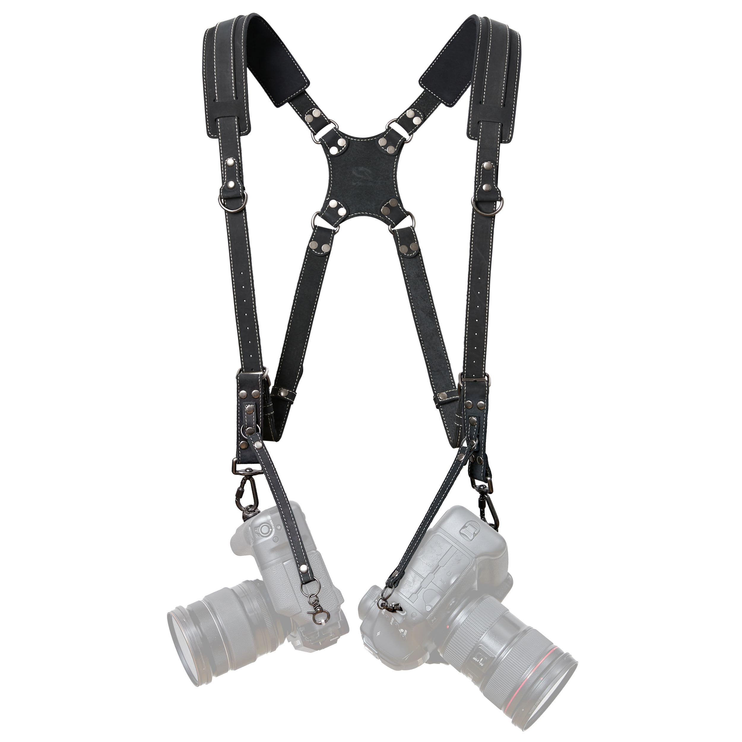 Padwa Lifestyle Frosted Black Dual Camera Harness Strap for Two-Cameras - Dual Shoulder Full Grain Leather Harness,Multi Double Camera Gear for DSLR/SLR Strap,Double Camera Harness for Photographers