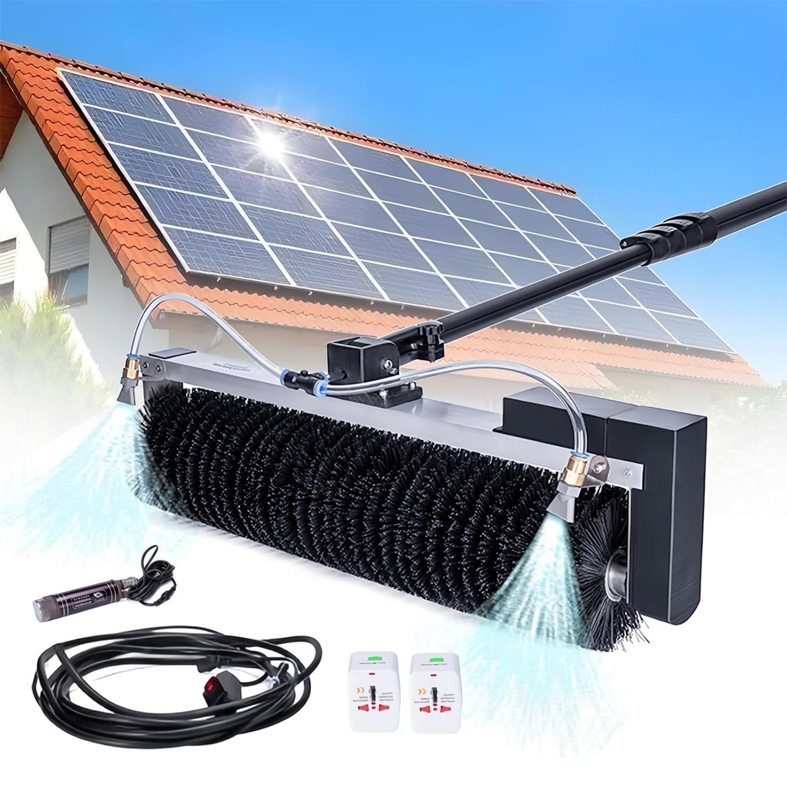 Elektryczna myjka do paneli słonecznych, zestaw do czyszczenia okien wodnych ze szczotką rolkową 60 cm i drążkiem teleskopowym 3,5 m do użytku na zewnątrz w biurze i ogrodzie