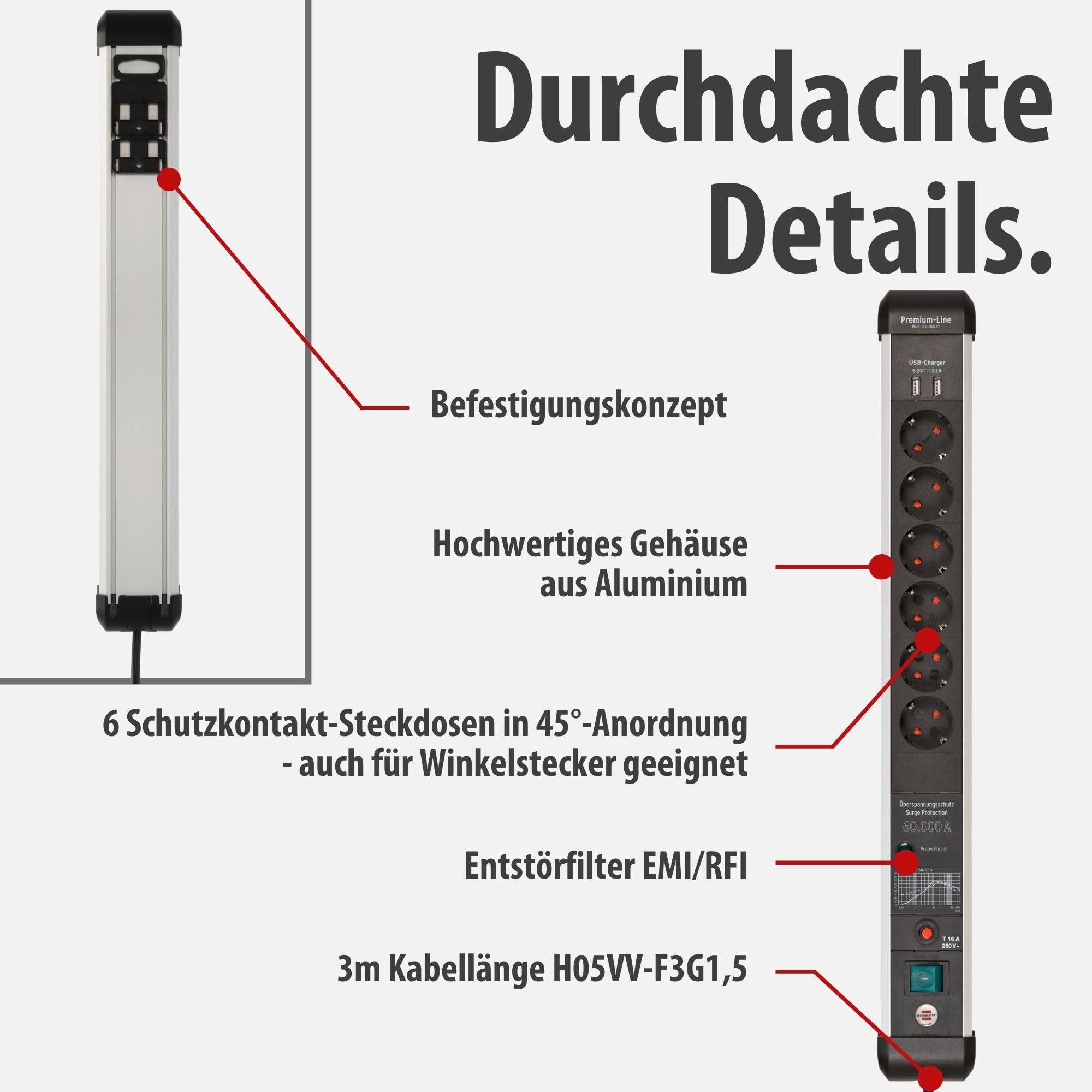 Brennenstuhl Premium-Protect-Line Steckdosenleiste 6-Fach mit USB, 3m | Mit Überspannungsschutz, Mehrfachsteckdose mit Schalter, 2-fach USB 3,1 A, Made in Germany, silber/schwarz