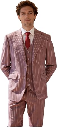Mens Suit 3 Pieces Peaked Lapel Dark Pink Slim Fit Stripe Tuxedo Blazer Vest Pants Prom Event Wedding Banquet Dinner