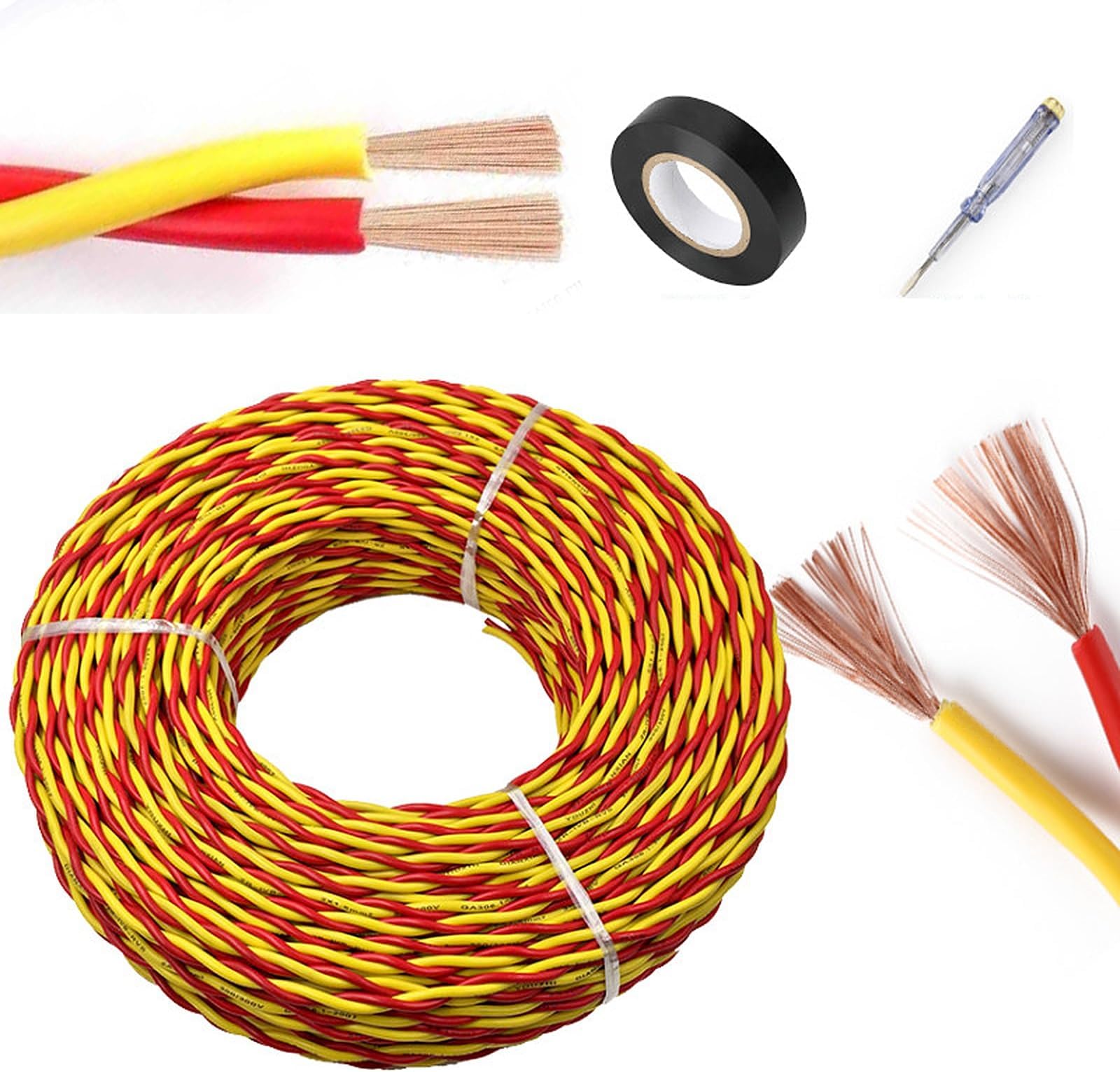 2 * 1.0/1.5/2.5 Mm² Twisted Pair Power Cable 2-Core, Flame Retardant PVC Insulated 220V Wire for Home Lighting, Security Camera & Fire Alarm Wiring, with Tape & Voltage Tester(160 ft,2 x 1.0 mm²)