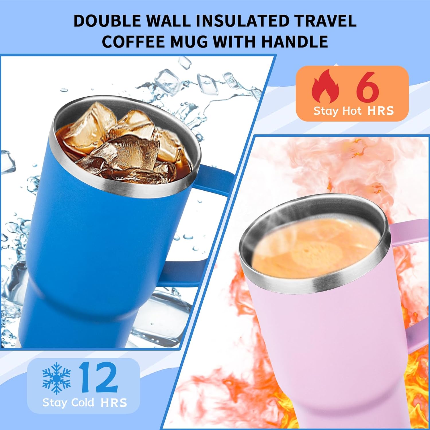 20oz Insulated Tumbler with Handle Stainless Steel Travel Coffee Mug with Lid and Straw Double Wall Vacuum Leak-proof Reusable Thermal Water Cup for Hot and Cold Drinks (Multicolor-3,4 Pack) - Image 4
