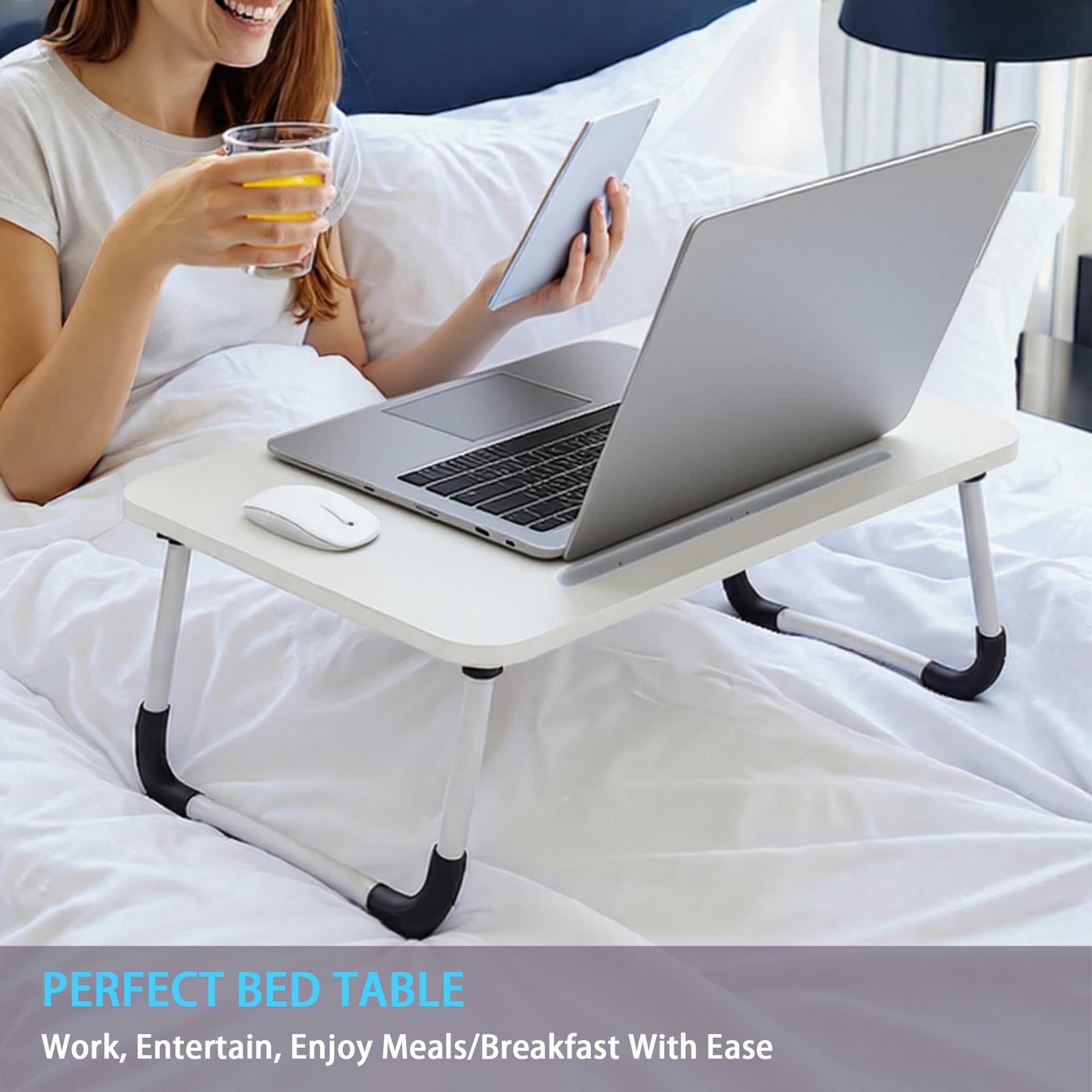 Petit Table de Lit pour Ordinateur - Plateau lit 48 x 30 cm pour Plateau de Petit-Déjeuner, Manger, Lire, Écrire, Travailler, Support pour, Canapé, Bureau et Maison (White)