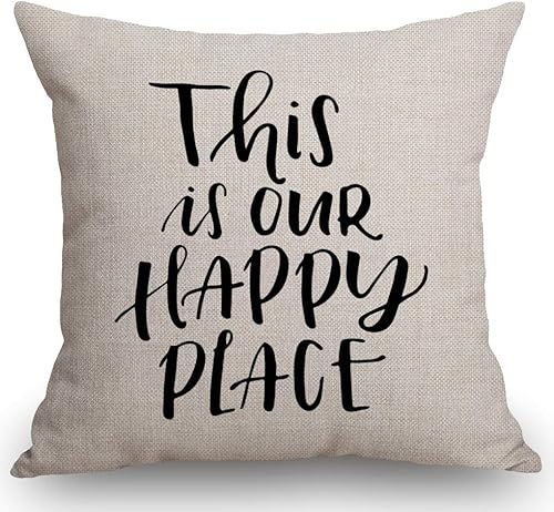 SSOIU This is Our Happy Place Quotes - Funda de almohada de lino y algodón, funda de cojín decorativa para oficina en casa, cuadrada, 18 pulgadas