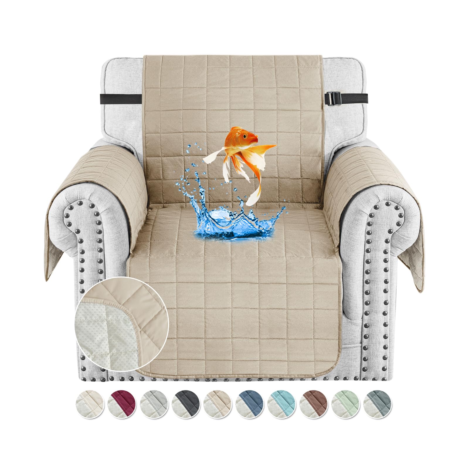 MAXIJIN Waterproof Chair Cover Slipcovers, 23.5" Quilted Armchair Sofa Cover Washable Dog Couch Covers Protector with Elastic Strap & Side Pocket (Khaki, 1 Seater)