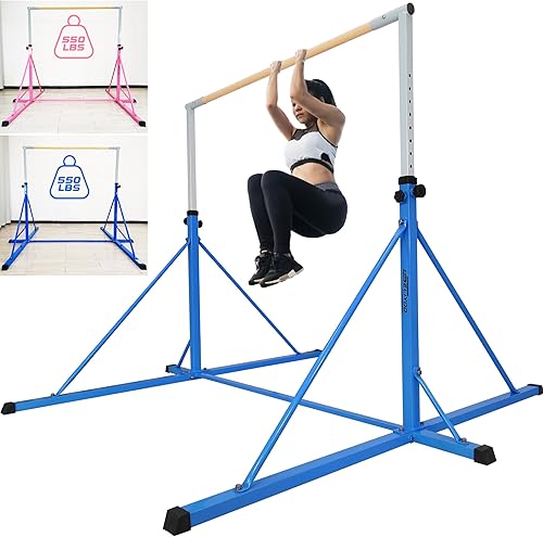 gymnastics high bar for big kids adults ,6FT width 7.2 FT base length ,height adjustable from 49.2" to 68.9" , super stable big triangle