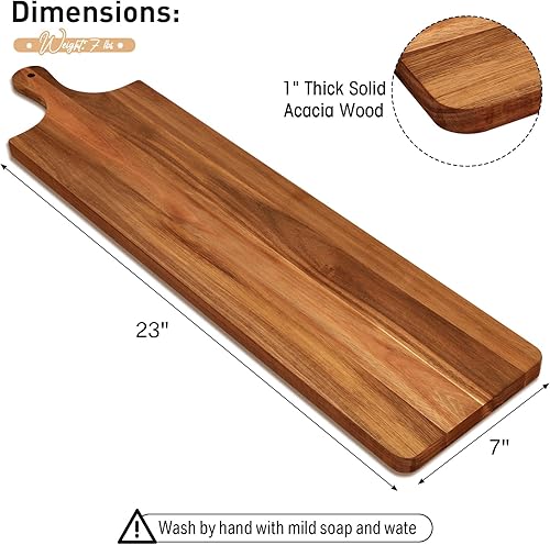 Miniatura 10 de 2 tablas de madera de acacia de 36 x 9 pulgadas, tabla de servir de acacia con asa, bandeja rectangular de madera de acacia, bandeja de madera para