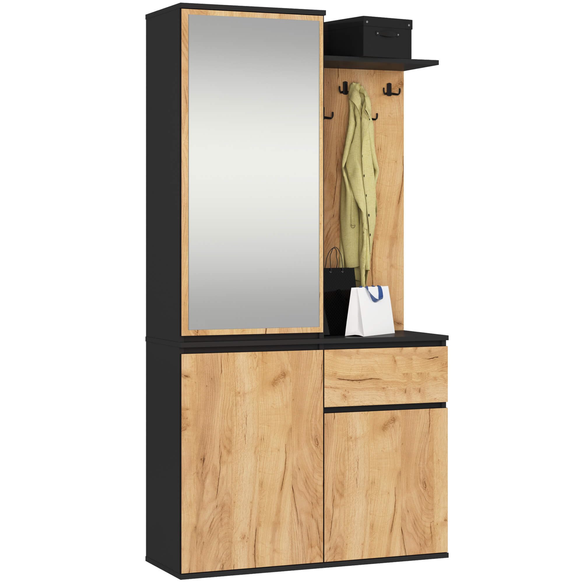 AKORD Garderoben-Set ENTRO Schwarz 95 cm Kompaktgarderobe Schmaler Flur 3 Türen 1 Schublade 7 Regalböden Industrial Stil Schwarz & Craft-Eiche