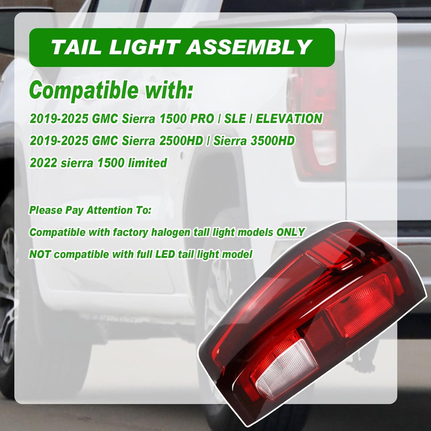 tail light assembly compatible with 2019-2025 gmc sierra 1500 2500hd 3500hd left driver side taillight rear lamp brake light replace# 84565919 gm2800309 halogen type halogen type left driver side