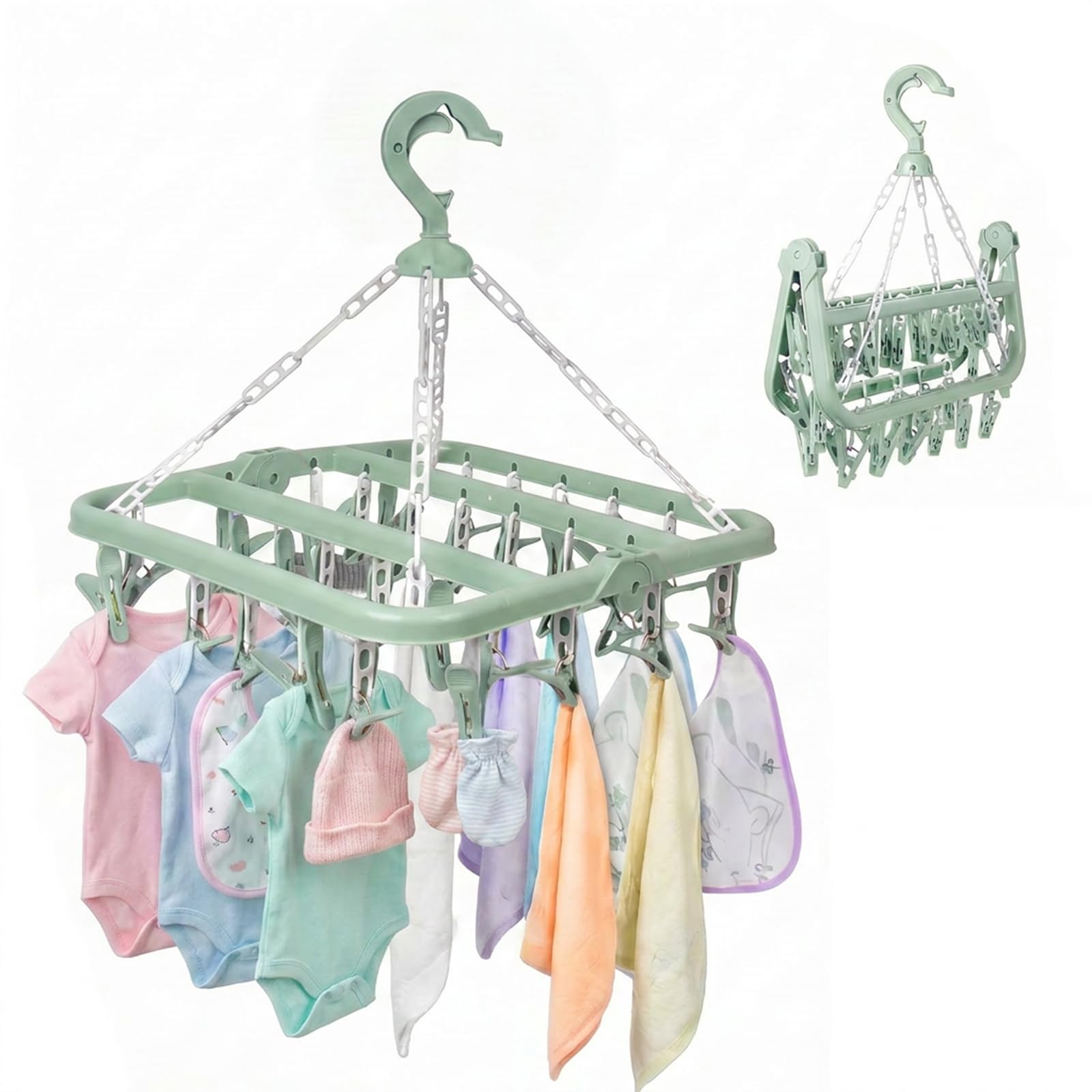 QILUCKY Sock Hanger for Drying,Laundry Peg with 32 Clips (Green)