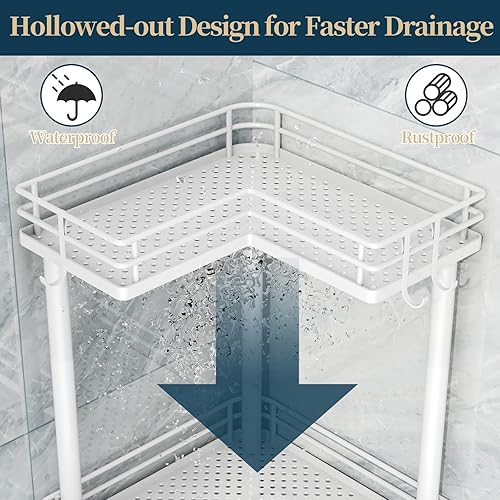 Miniatura 6 de Consumest Organizador de ducha esquinero de acero inoxidable de 3 niveles con soporte para jabón y 4 ganchos, estante esquinero de gran capacidad
