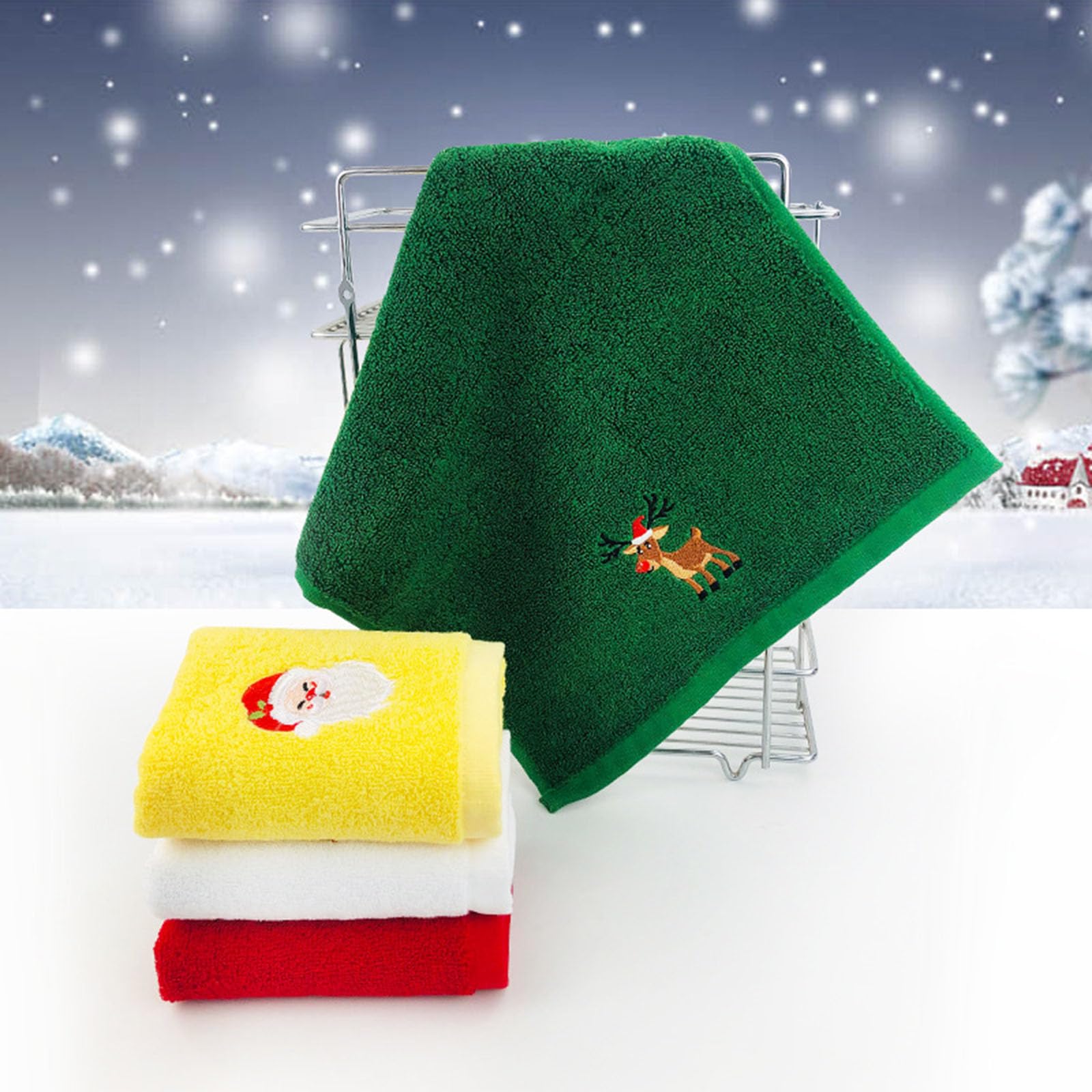 LSFYSZD Set of 3 Hand Towels for Kitchen and Bathroom 12x18in Cotton Embroidered Dish Towels Christmas Theme Decorative Towels Gift (4pcs Set(White+Yellow+Red+Green) - Image 4