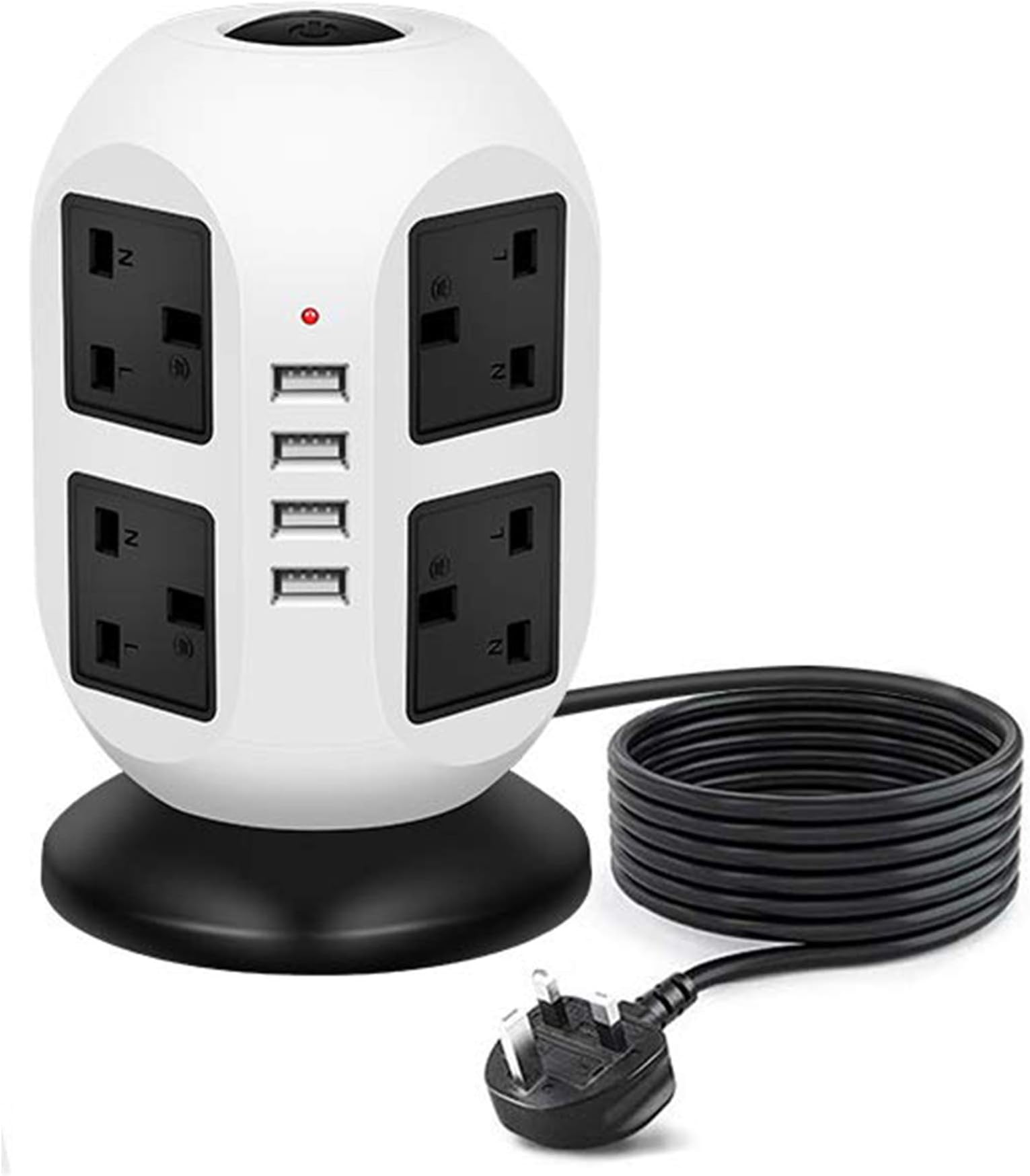 White Socket Tower with USB Port and 8 Way Outlets, Charging Station and Surge Protector, Universal Power Socket, 2M Cable