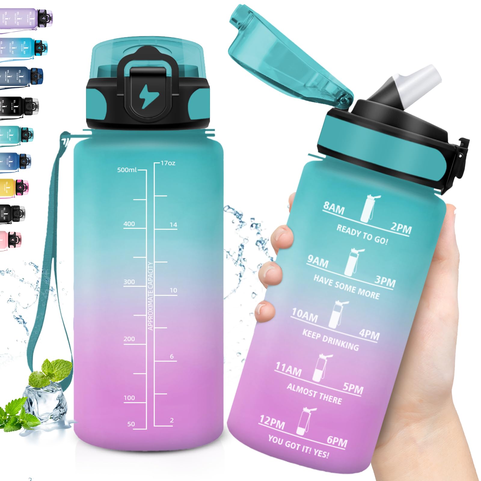 Grsta Kids Water Bottle 500ml Leakless Straw Motivational Water Bottle with Time Scale Easy Clean Water Bottle for Schools Camping Gym