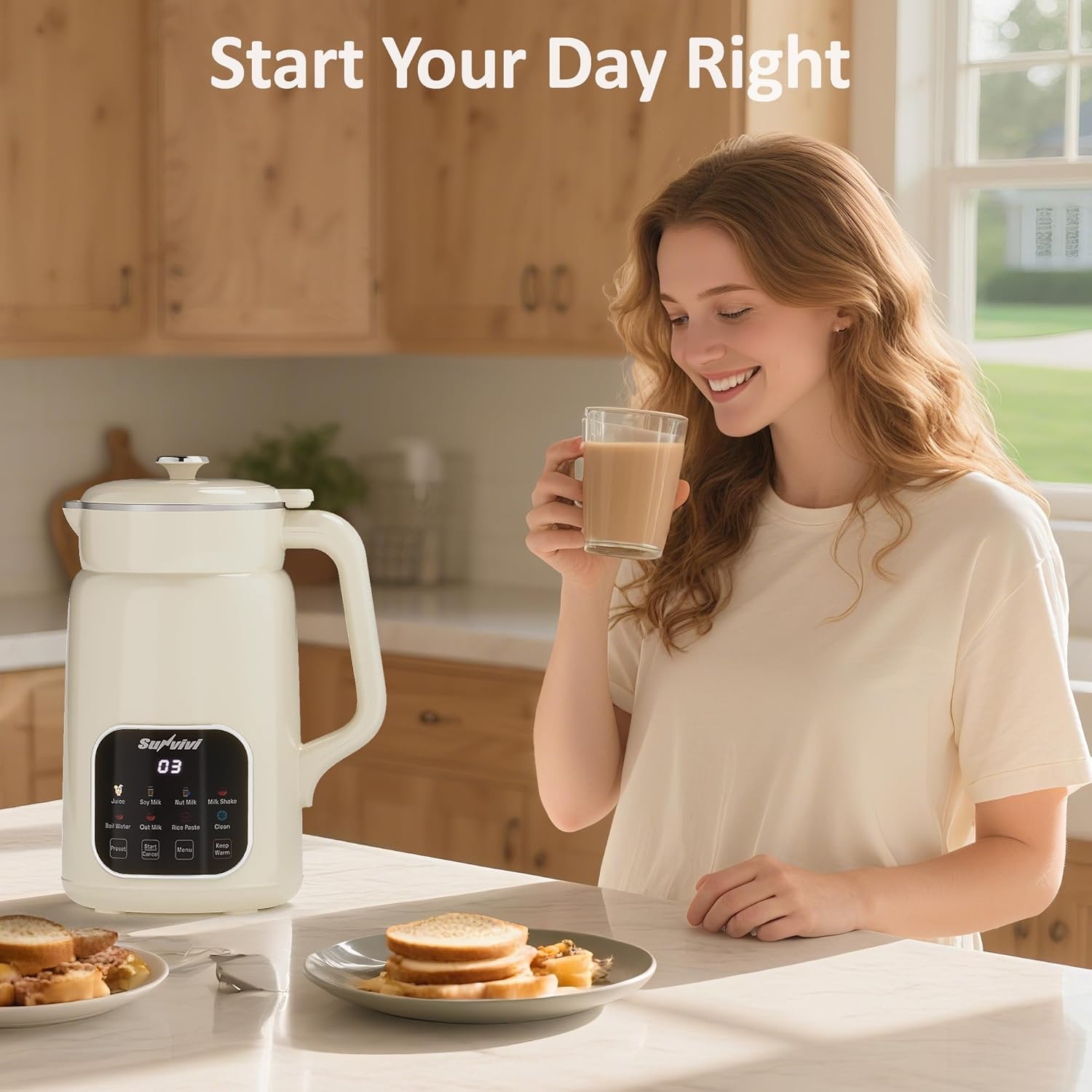 Sunvivi 8 in 1 Nut Milk Maker Machine: 60oz Soy Milk Maker for Soy/Nut/Oat Milk, Juice, Milkshake, Rice Paste and Boil Water, Countertop Blender with Delay Start/Keep Warm/Self Cle...