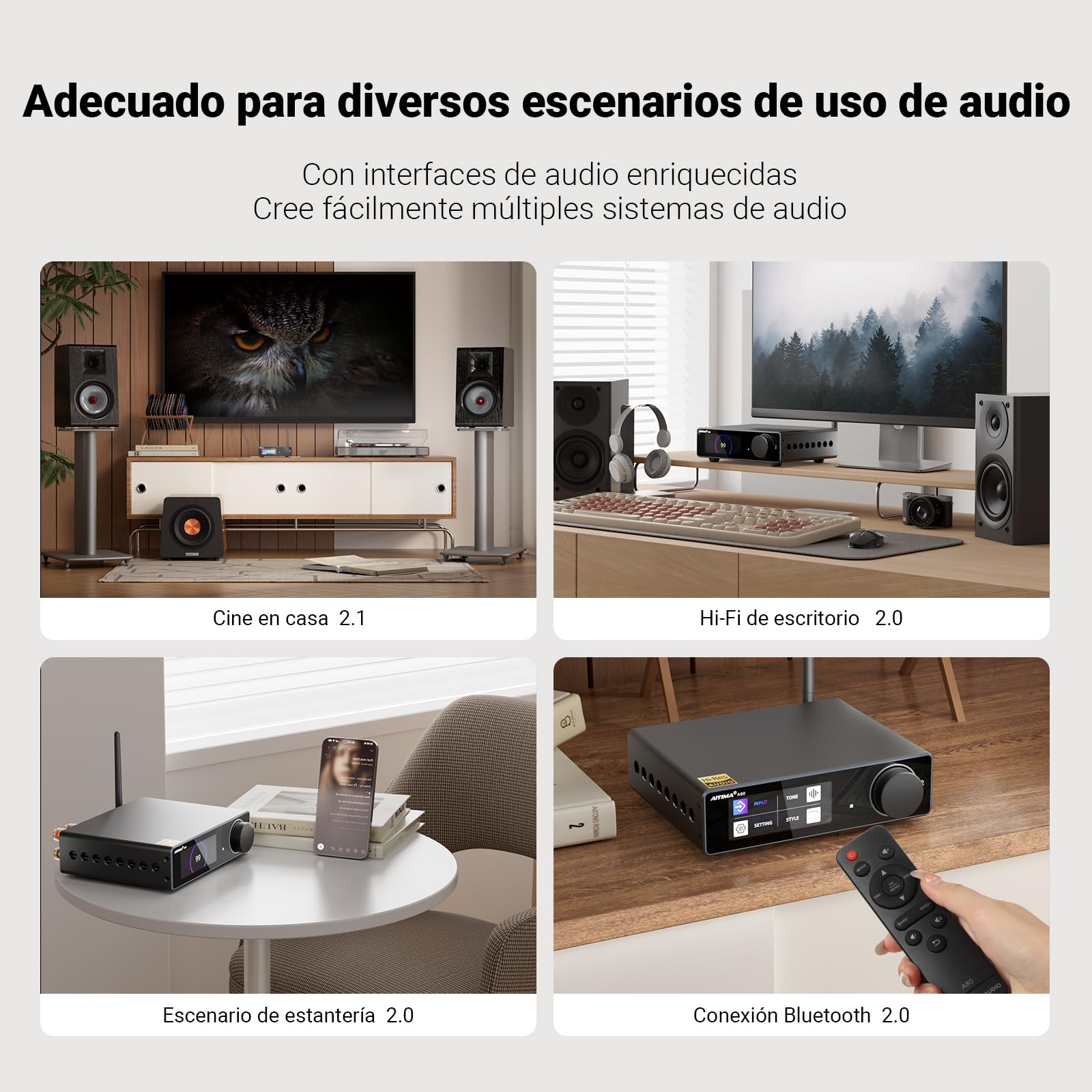 AIYIMA A80 Amplificador de potencia DAC con PFFB TPA3255D2 Estéreo HiFi 2.0 Canal Clase D Amplificador Bluetooth 300Wx2 ESS9038Q2M Decodificador con PC-USB Coaxial Óptico TRS Entrada RCA