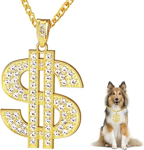 FUNKA Collar de perro con cadena dorada ajustable de eslabones cubanos con colgante de signo de dólar de cristal, cadena de joyería para mascotas,