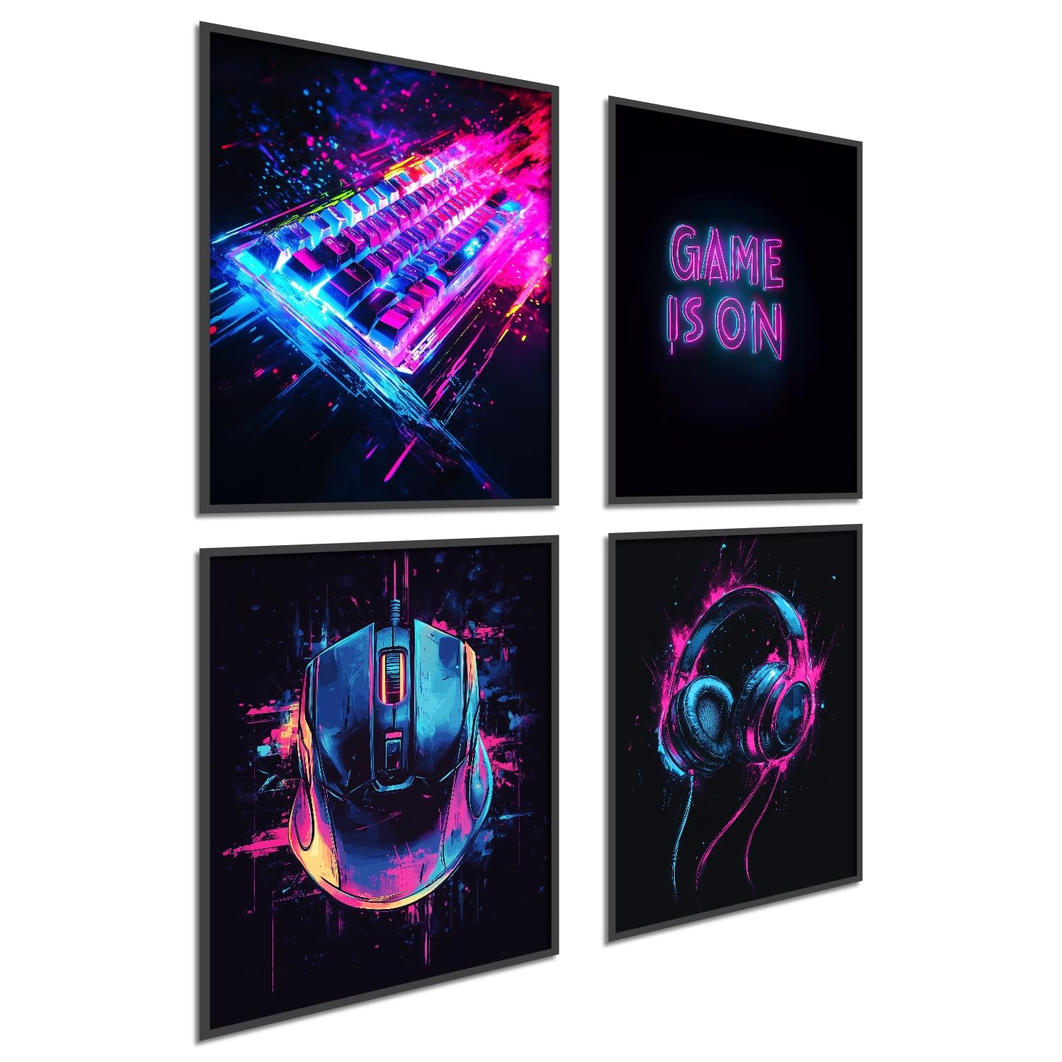 Donari Poster Gaming 4er-Set - Gaming Bild als Deko für Gamingzimmer - Wand Dekoration für Zocker Zimmer Led Optik Set A4 Bilder mit oder ohne Rahmen (Motiv 3, 21x30 cm, Gerahmt)