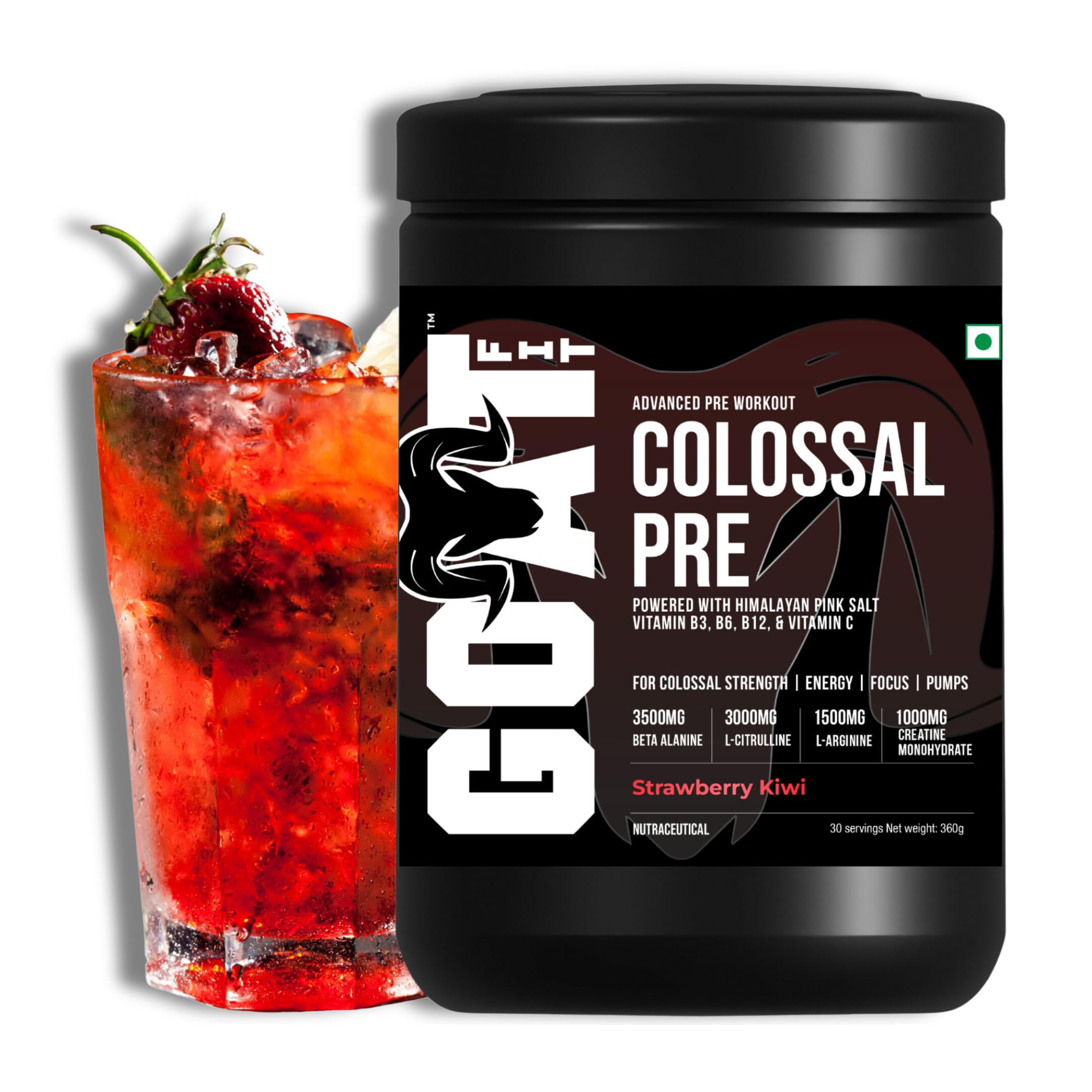 Colossal Pre | PreWorkout Powder (Strawberry Kiwi 360gm 30 Servings) 200mg Caffeine 3.5g Beta-Alanine 3g Citrulline 1.5g Arginine 1g Creatine with Himalayan Pink Salt