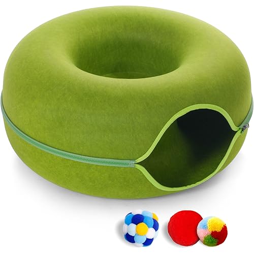 Large Cat Tunnel Bed for Indoor Cats with 3 Toys, Scratch Resistant Donut Cat Bed, Up to 30 Lbs (L 24x24x11, Green)
