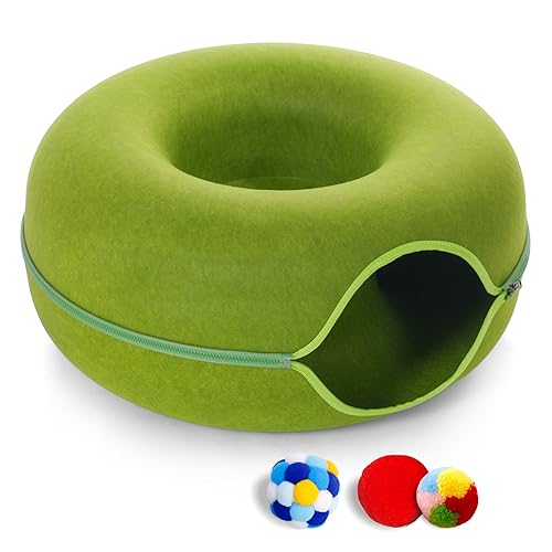 Large Cat Tunnel Bed for Indoor Cats with 3 Toys, Scratch Resistant Donut Cat Bed, Up to 30 Lbs (L 24x24x11, Green) - L(24x24x11) - Green