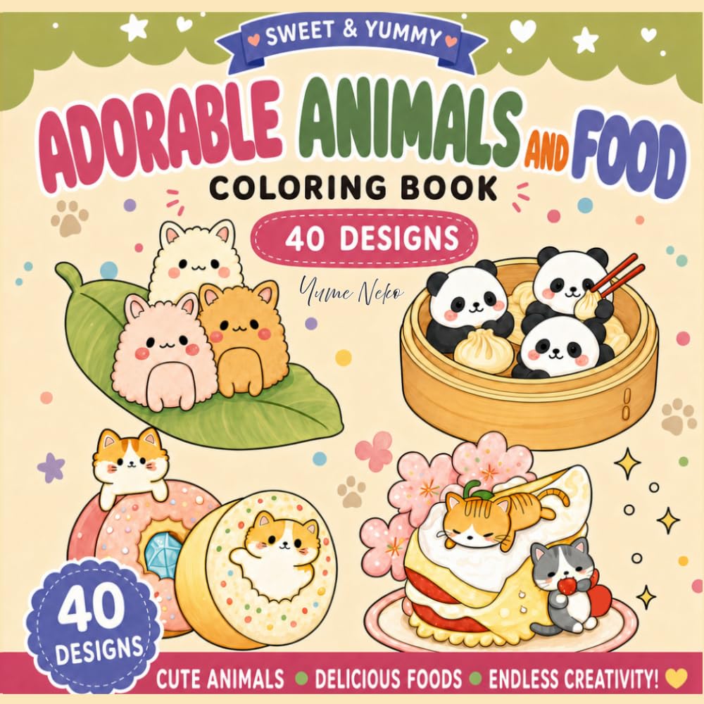 Adorable Animals and Food Coloring Book: Super Cute Kawaii Animals, Desserts, Snacks, and Foodie Friends for Relaxation and Stress Relief (Yume Neko)