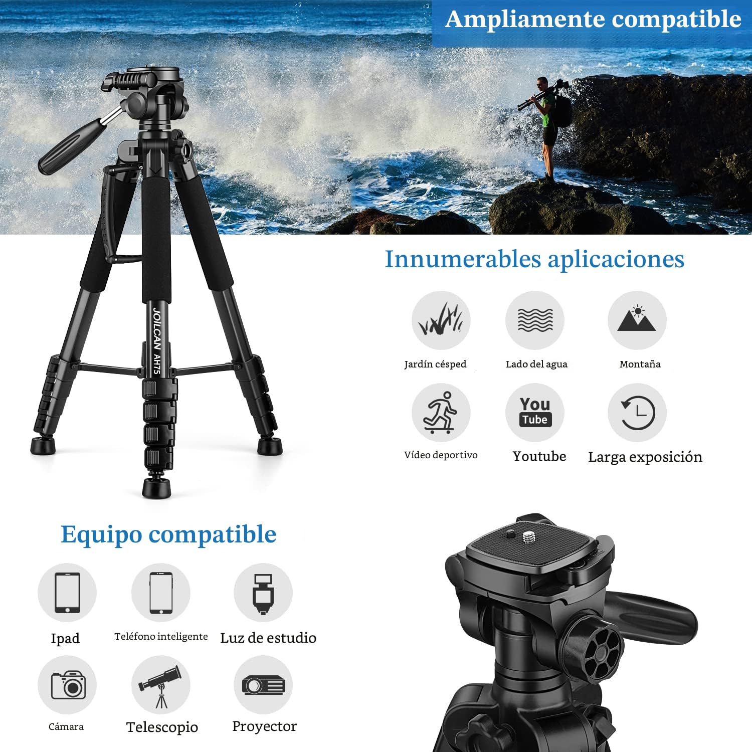 JOILCAN Trípode Cámara, 187cm Tripode para Movil con Soprtre de Teléfono Movil, Tripod de Aluminio con Cabezal Giratorio de 360 Grados, Ligero Trípode para Canon Nikon Sony, Carga hasta 5kg, Negro