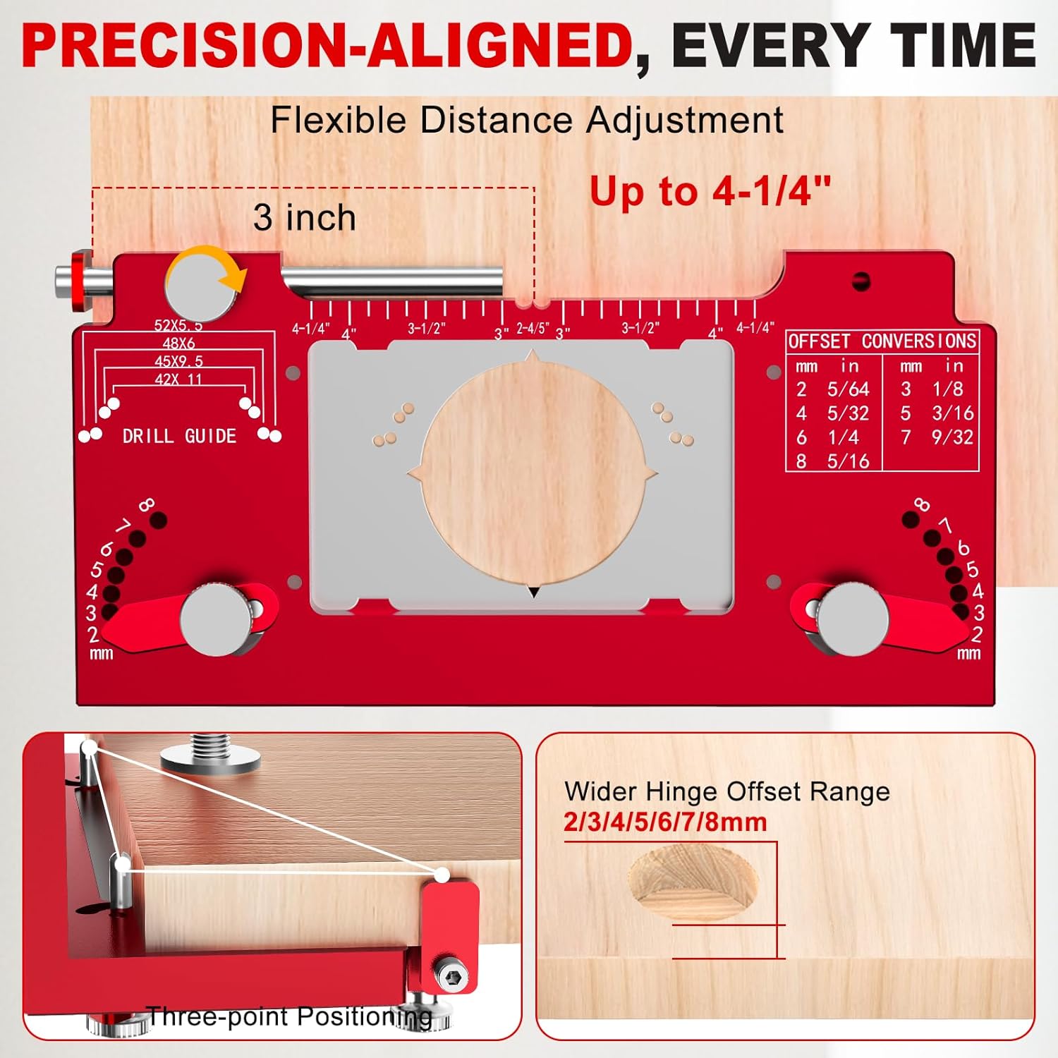 Metal Concealed Hinge Jig with Built-in Screw Hole Guide, Precision 35mm Cabinet Door Hinge Jig with Wider Offset from 2 to 8mm, Woodworking Door Cabinet Hinges Mounting Tool