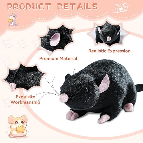 Miniatura 3 de Peluche realista de rata negra para gatos y perros, juguete de peluche de 12.6 pulgadas, aprendizaje STEM y regalo novedoso, peluche realista de