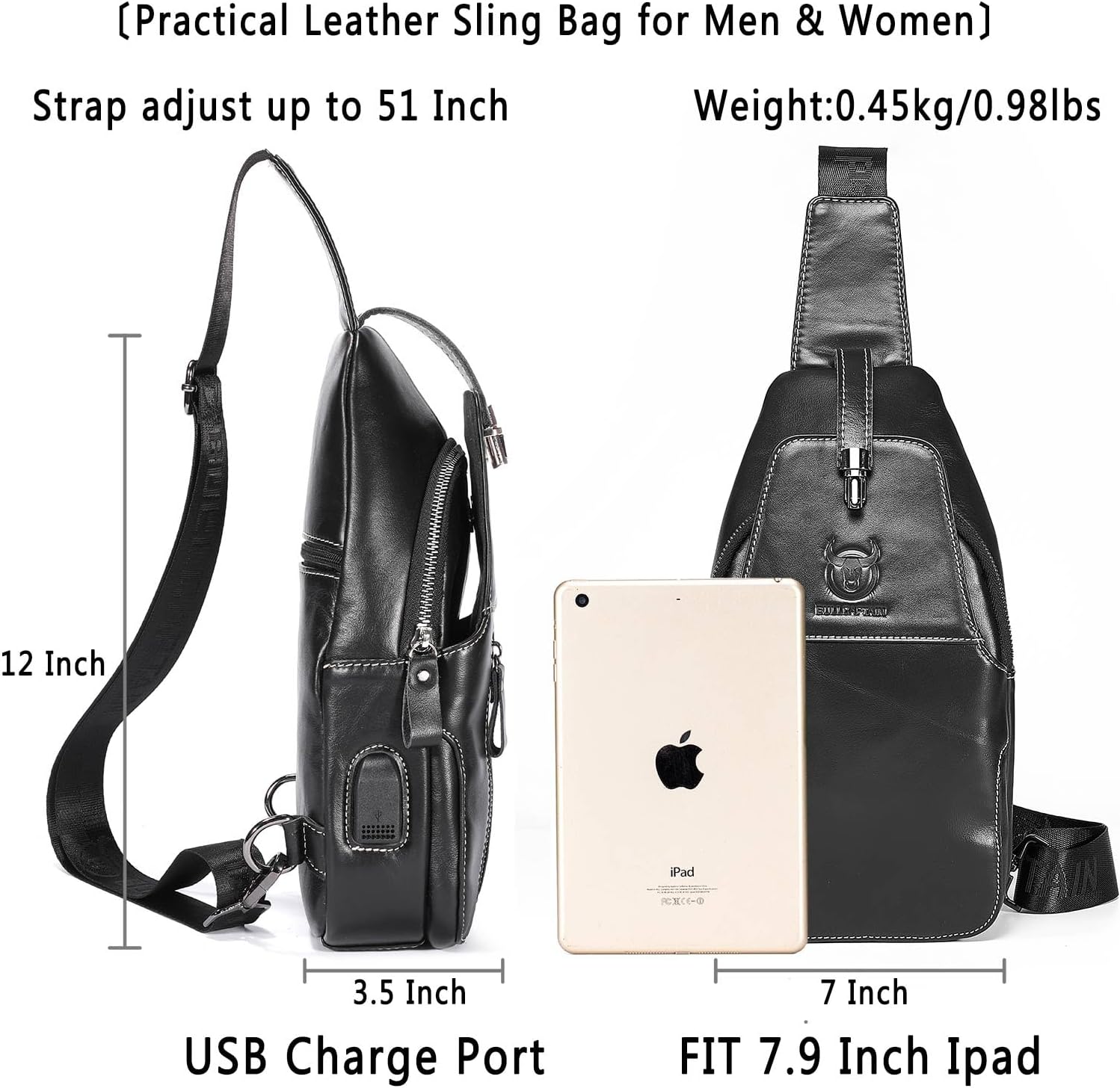 Genuine Leather Sling Bag Mens Crossbody Backpack Hiking Casual Daypack Shoulder Chest Bag with USB Charging Port