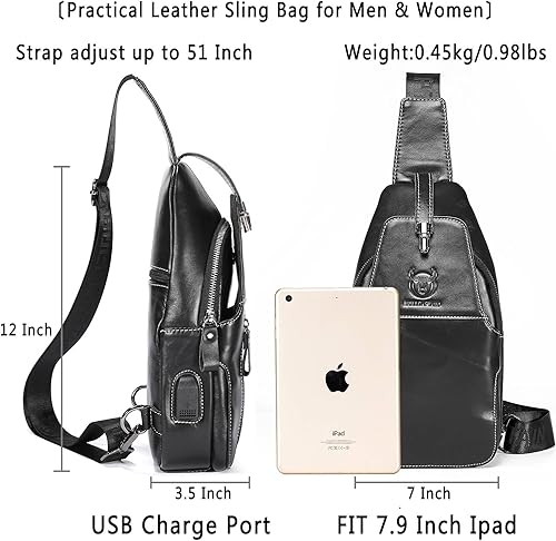 Vista 2 de BULLCAPTAIN Bolso bandolera de cuero genuino para hombre, mochila cruzada para senderismo, casual, bolsa de hombro con puerto de carga USB