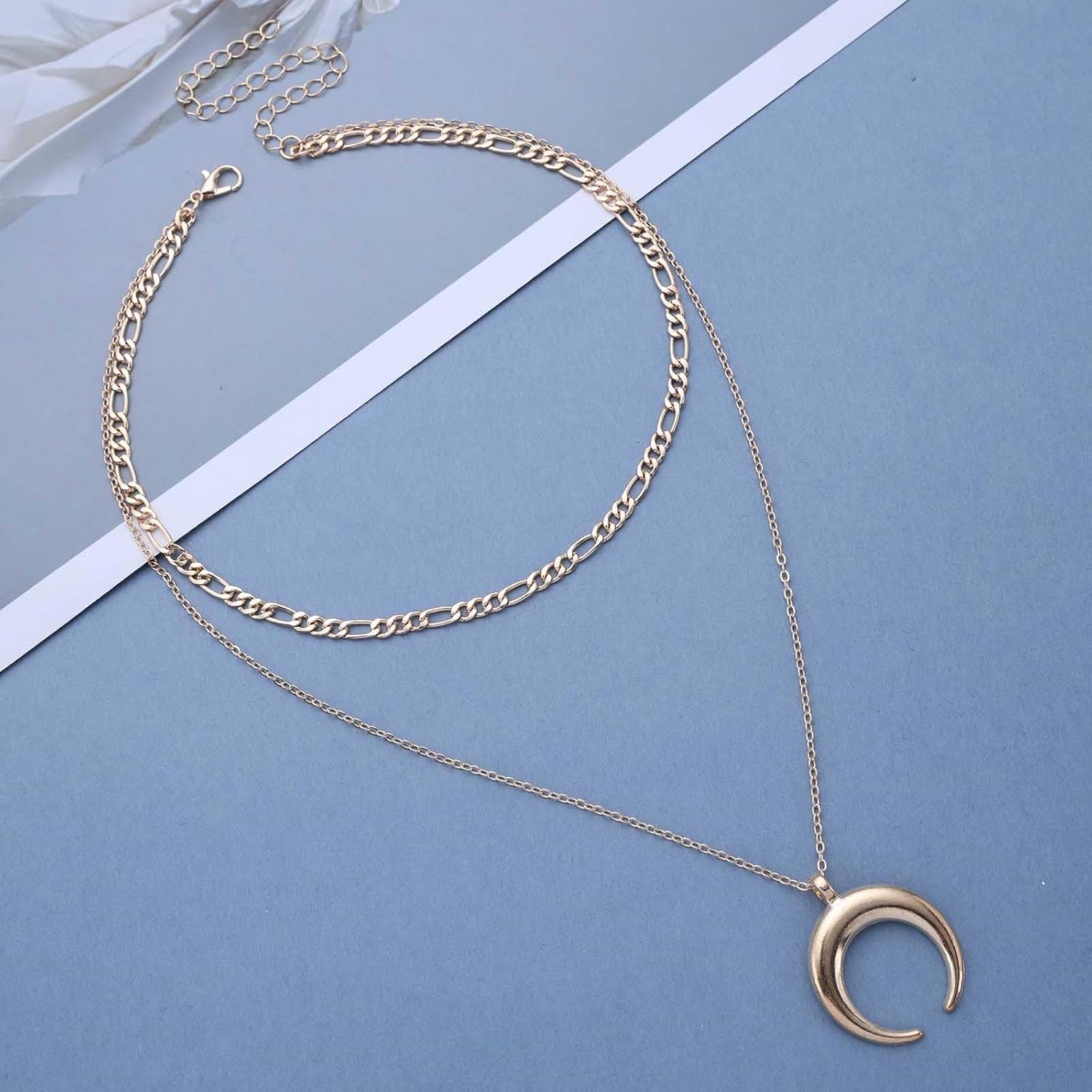 Boho Layered Moon Pendant Necklace Gold Half Moon Necklace Vintage Crescent Moon Choker Necklace Adjustable Moon Figaro Chain Necklace Jewelry for Women - Image 3