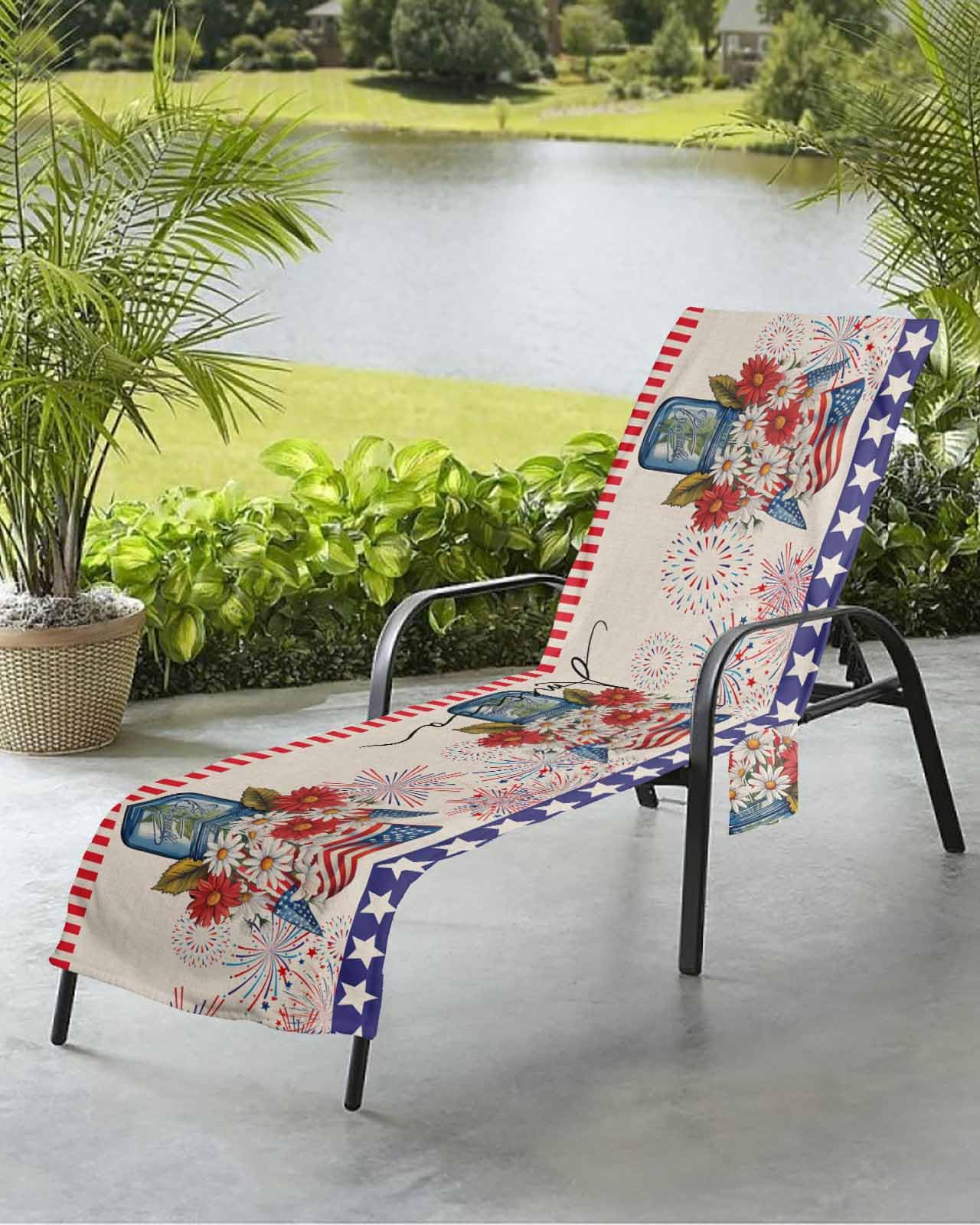 4th of July Flower Beach Chair Towel Covers for Chaise Lounge with Side Pocket, Soft Plush Pool Towels Cover for Patio Sunbathing Outdoor 29''x85'' Bottle Fireworks Independence Day