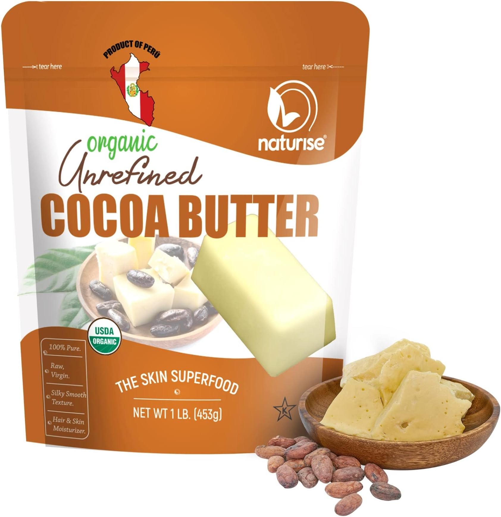 Naturise Raw Organic Unrefined Cocoa Butter from Peru - Moisturizer for Hair, Skin & DIY Lip Balm - 1lb