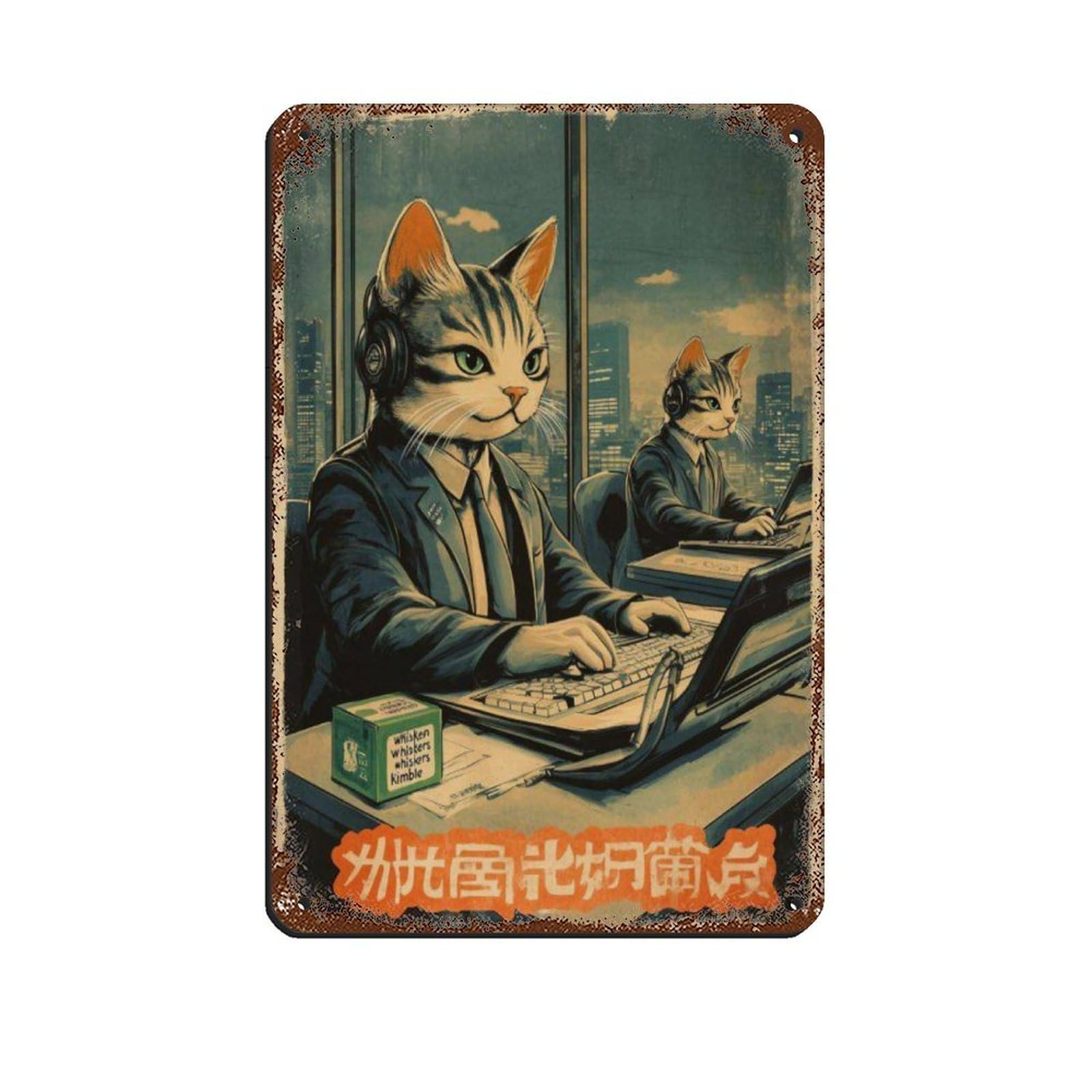 Lxwnze 20L X 30W Cm Retro Cat Office Art Poster, Retro Poster Metal Tin Sign Chic Art Retro Iron Painting Bar People Cave Cafe Family Garage Poster Wall Decoration 8X12inch(20X30cm)