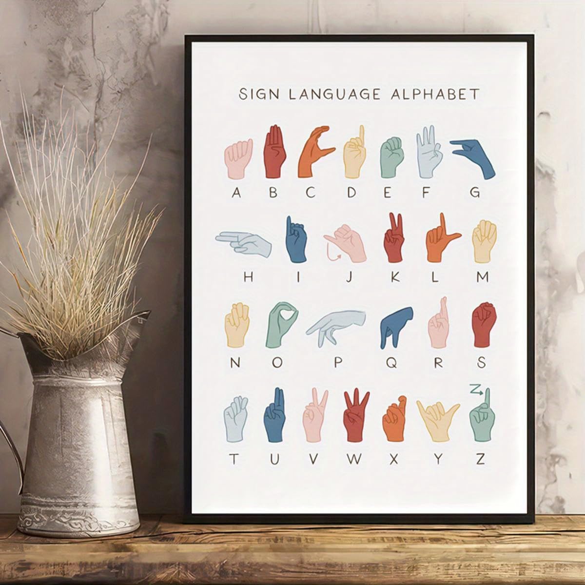 GLWDME Toile murale éducative avec alphabet en langue des signes, images, affiches et impressions pour chambre à coucher, peinture murale pour salon（Encadrée）