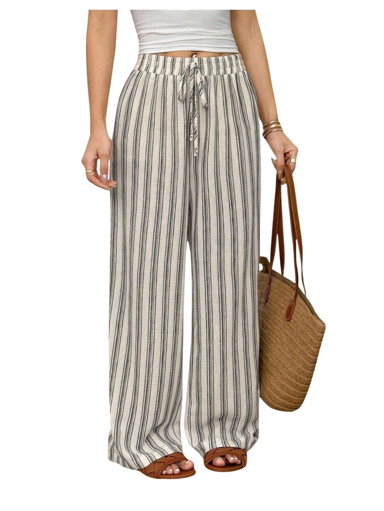 SweatyRocks Womens Striped Drawstring Pants Loose Wide Leg Trousers Casual Comfy Pants with Pocket