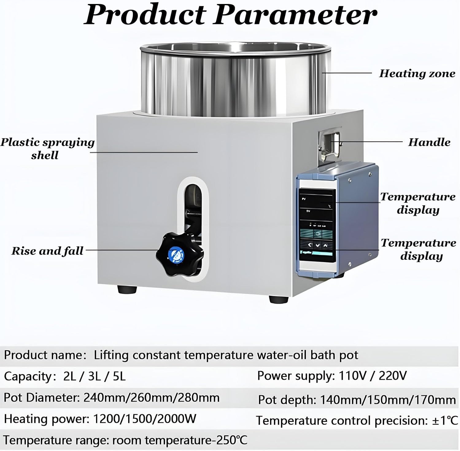 Lifting Constant Temperature Water-Oil Bath Pot,Laboratory Oil and Water Bath,Intelligent Temperature Control,LED Display,Up to 250℃,Lab Constant Temperaturewater Bath 2L