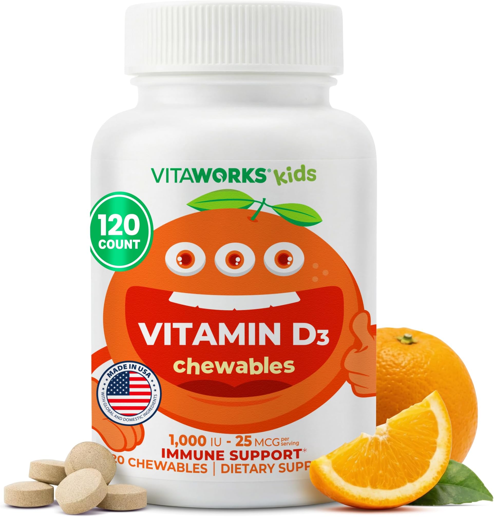 Kids Vitamin D 1000 IU Chewable Tablets - Tasty Natural Orange Flavor - Vegan, GMO-Free, Gluten Free, Nut Free Vitamins - Dietary Supplement for Immune Support - for Children - 120 Chewables