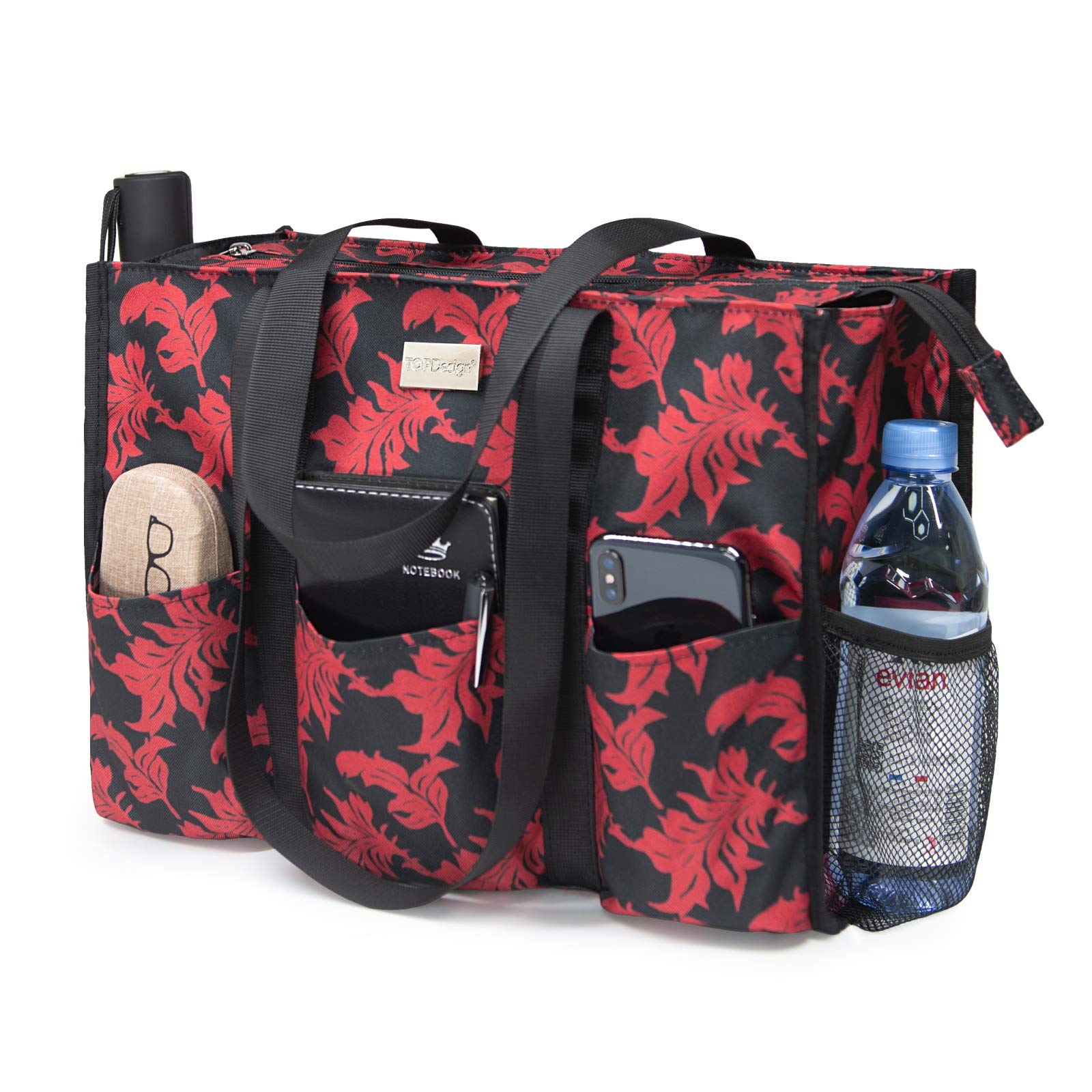 TOPDesign Utility Water Resistant Tote Bag with 13 Pockets, Zipper Closure