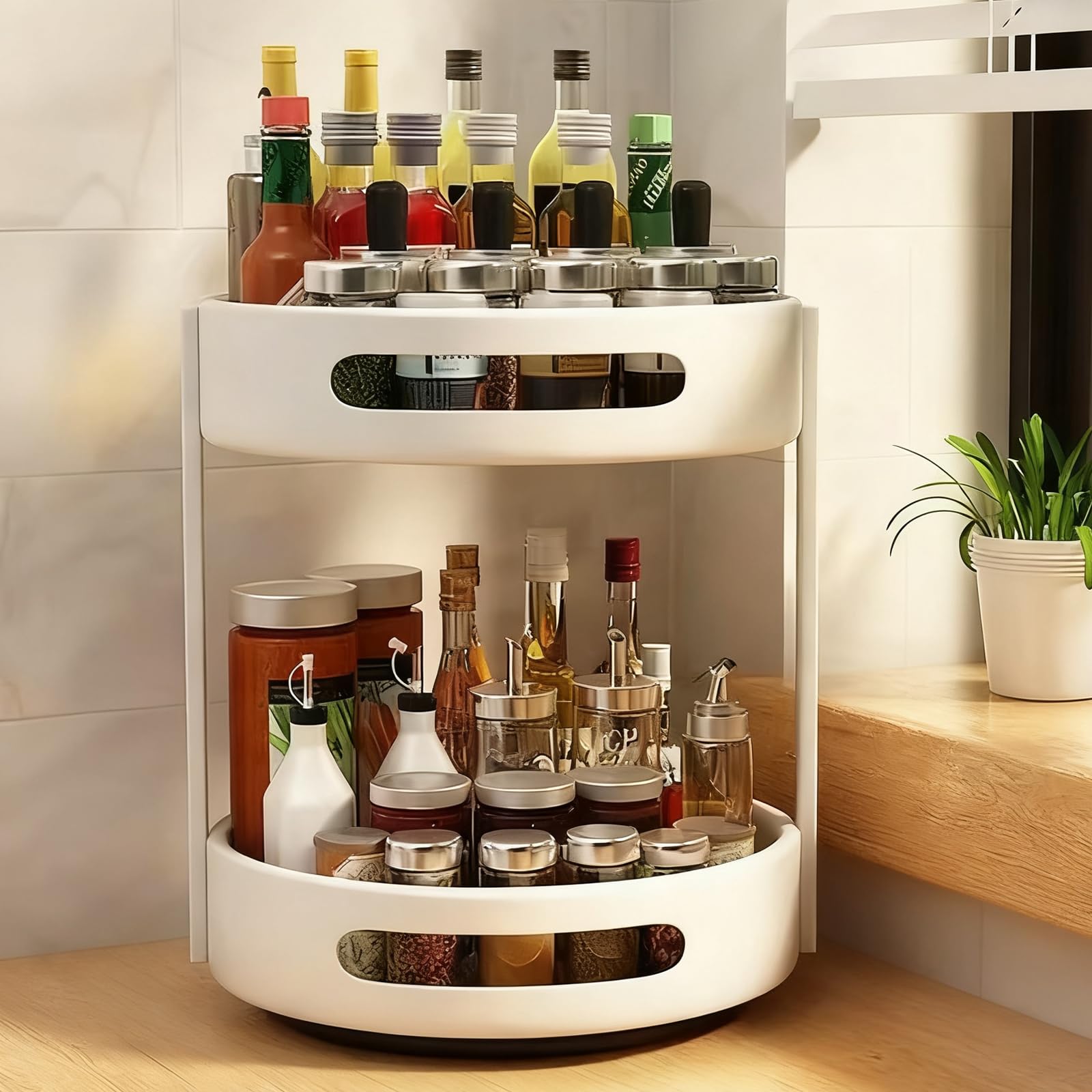 Lazy Susan Plateau tournant à 2 niveaux rotatif à 360° pour comptoir de cuisine et garde-manger – Blanc Parfait pour un accès facile et des espaces sans encombrement