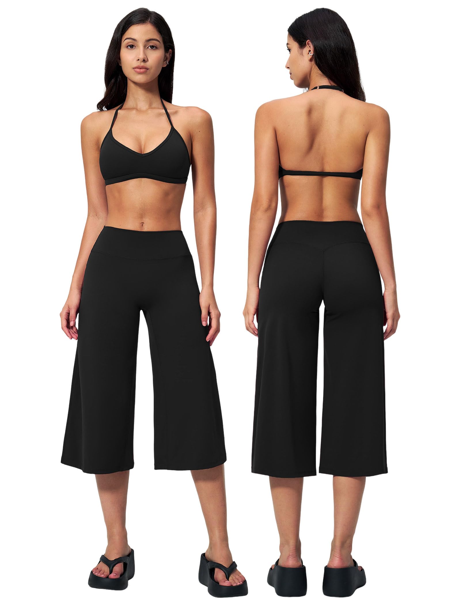 Workout Sets for Women Two Piece Halter Sports Bra Matching Wide Leg Capri Pants Gym Work Yoga Pilates Outfits