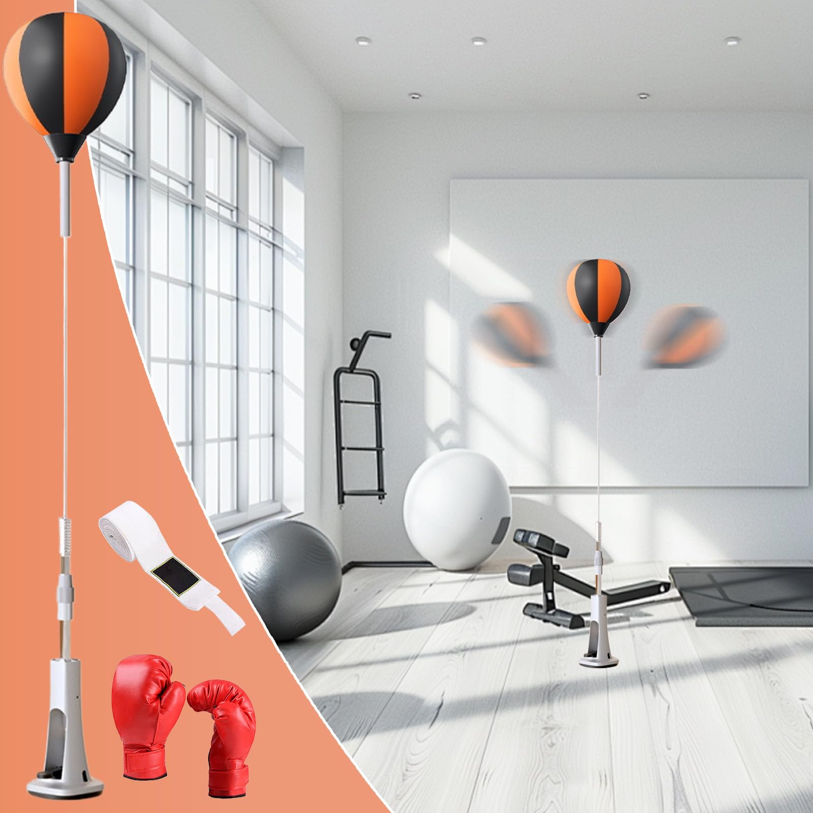 Bolsa de boxeo reflejo con soporte, bolsa de perforación independiente - Punching Reflex Ball Set - Rebote sólido, equipo de fitness, suministros de gimnasio ajustables en altura para aliviar el