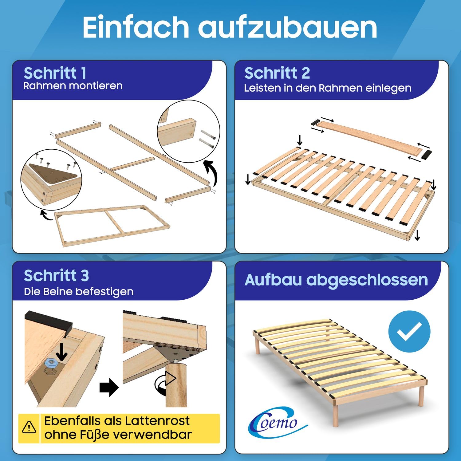 Coemo Pyxis Bettgestell 90x200 mit integriertem Lattenrost - Elegantes Design, Massivholz Buche, Platzsparend, Hohe Belastbarkeit, Einfache Montage